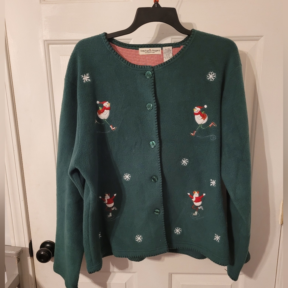 🦋 Vintage Stephanie Rogers green Chistmas Fleece Coat Size XL